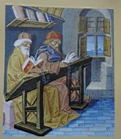 Deux chanoines lisent dans une bibliotheque